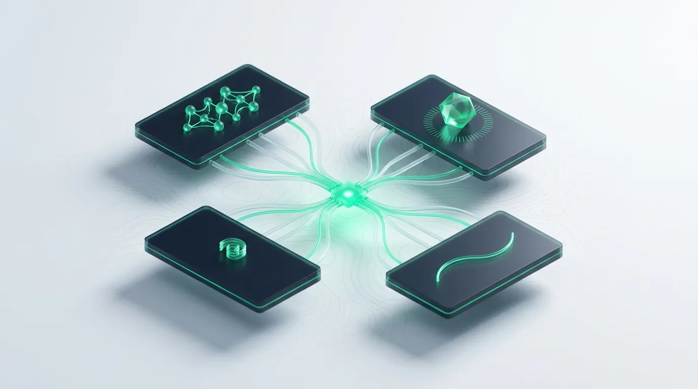 Four emerald-edged dark glass tiles linked by curved light-lines representing how YouTube compares across the DTC paid channel mix.