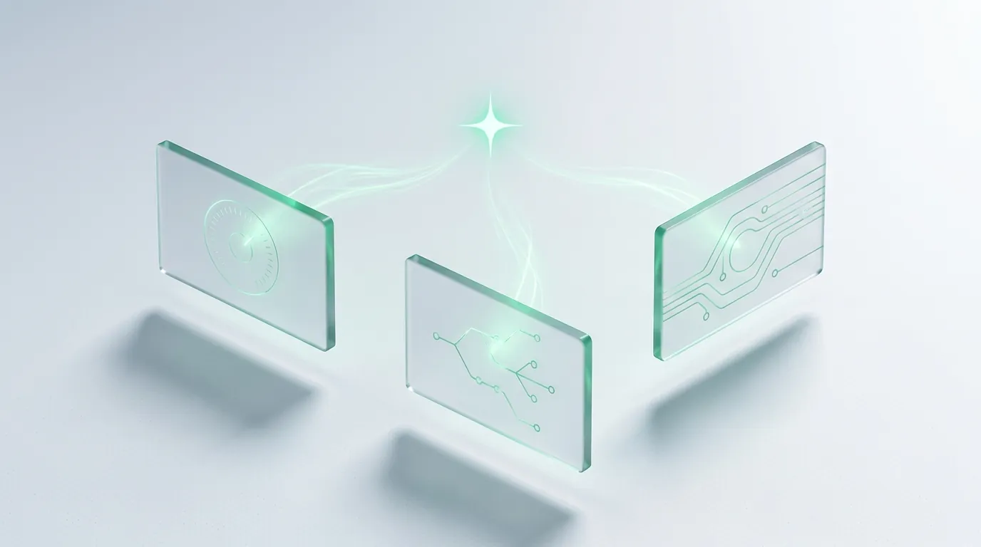 Three etched glass panels with emerald light-streams converging to one spark, symbolizing noisy ad metrics resolved into true measurement.